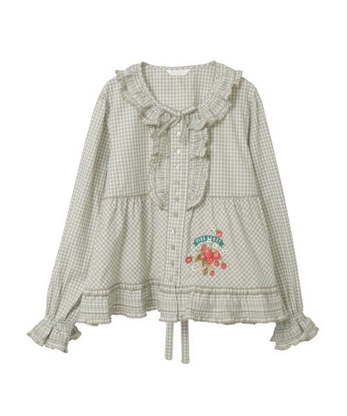 苺ブーケ刺繍入りオリジナルチェックブラウス（シャツ/ブラウス
