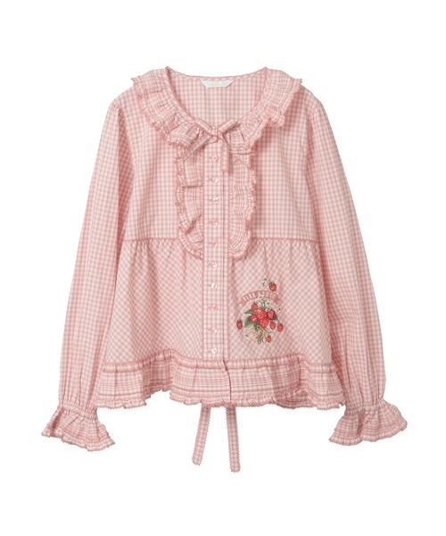苺ブーケ刺繍入りオリジナルチェックブラウス（シャツ/ブラウス
