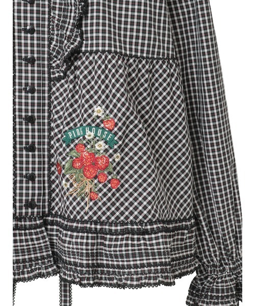 苺ブーケ刺繍入りオリジナルチェックブラウス（シャツ/ブラウス
