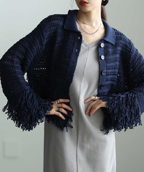 Sawa a la mode(サワアラモード)の「メッシュフリンジニットカーディガン(カーディガン/ボレロ・レディース・オフホワイト/ネイビー・FREE)」の1枚目の写真