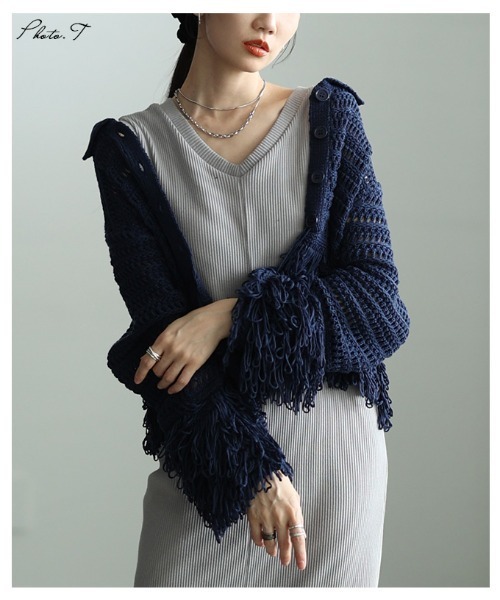 Sawa a la mode(サワアラモード)の「メッシュフリンジニットカーディガン(カーディガン/ボレロ・レディース・オフホワイト/ネイビー・FREE)」の14枚目の写真
