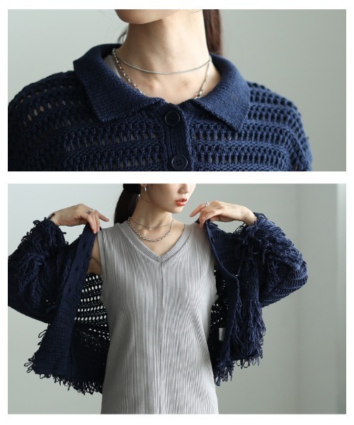 Sawa a la mode(サワアラモード)の「メッシュフリンジニットカーディガン(カーディガン/ボレロ・レディース・オフホワイト/ネイビー・FREE)」の17枚目の写真