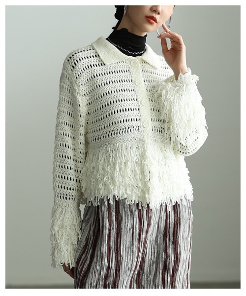 Sawa a la mode(サワアラモード)の「メッシュフリンジニットカーディガン(カーディガン/ボレロ・レディース・オフホワイト/ネイビー・FREE)」の4枚目の写真