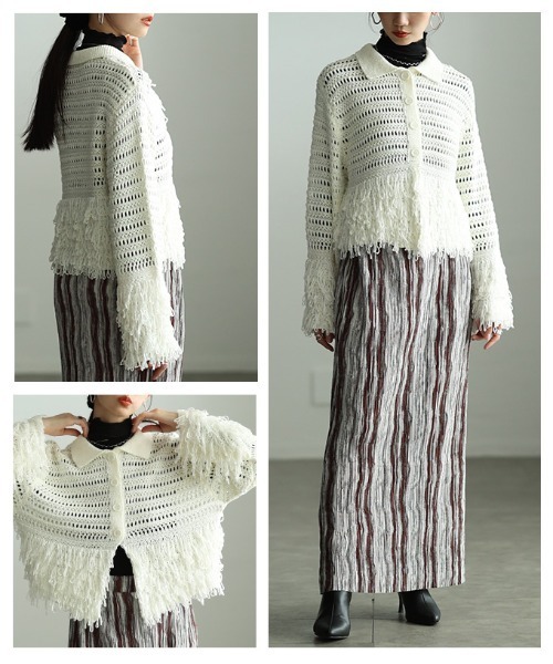 Sawa a la mode(サワアラモード)の「メッシュフリンジニットカーディガン(カーディガン/ボレロ・レディース・オフホワイト/ネイビー・FREE)」の7枚目の写真