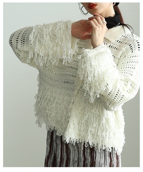 Sawa a la mode(サワアラモード)の「メッシュフリンジニットカーディガン(カーディガン/ボレロ・レディース・オフホワイト/ネイビー・FREE)」の10枚目の写真