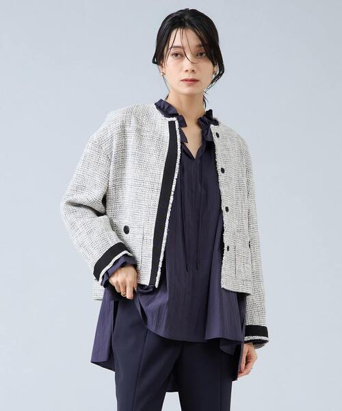 Liesse(リエス)の「ノーカラーツイードジャケット(ノーカラージャケット・レディース・ホワイト×ネイビー/ホワイト×ブラック・FREE)」の1枚目の写真