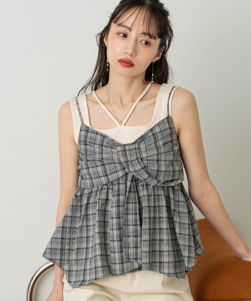 hinari(ヒナリ)の「チェックリボンキャミチュニック(キャミソール・レディース・ネイビー/ナチュラル/ブラウン・FREE)」の11枚目の写真