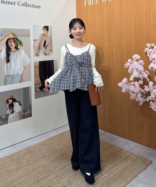 hinari(ヒナリ)の「チェックリボンキャミチュニック(キャミソール・レディース・ネイビー/ナチュラル/ブラウン・FREE)」の5枚目の写真