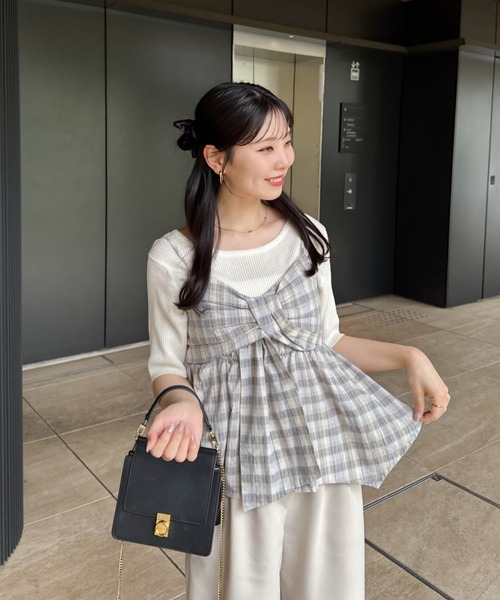 hinari(ヒナリ)の「チェックリボンキャミチュニック(キャミソール・レディース・ネイビー/ナチュラル/ブラウン・FREE)」の8枚目の写真
