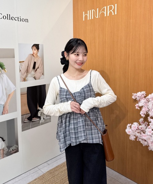 hinari(ヒナリ)の「チェックリボンキャミチュニック(キャミソール・レディース・ネイビー/ナチュラル/ブラウン・FREE)」の7枚目の写真