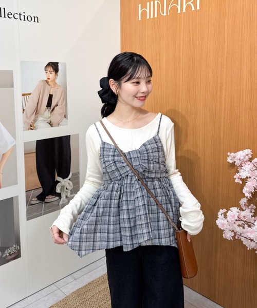 hinari(ヒナリ)の「チェックリボンキャミチュニック(キャミソール・レディース・ネイビー/ナチュラル/ブラウン・FREE)」の4枚目の写真