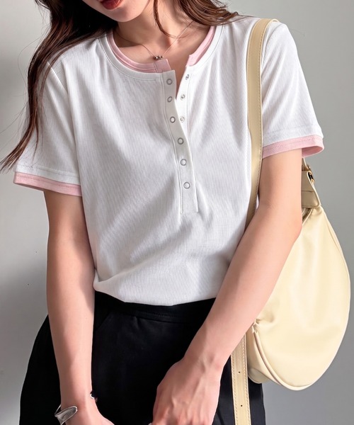 RANAN(ラナン)の「レイヤードヘンリーネックTシャツ(Tシャツ/カットソー・レディース・グレー/ブラック/ネイビー/ホワイト・LL/M/L)」の2枚目の写真