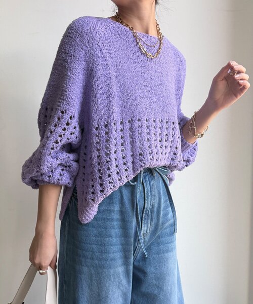 DouDou（ドゥドゥ）の「【WEB限定】メッシュ編みニットプルオーバー（ニット/セーター・レディース・オフホワイト/ブラック/パープル・FREE）」の3枚目の写真