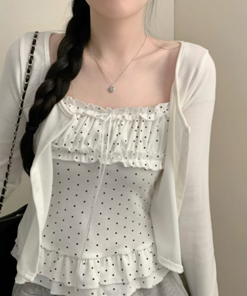 ドットフリルキャミソール×ショートカーディガン アンサンブル