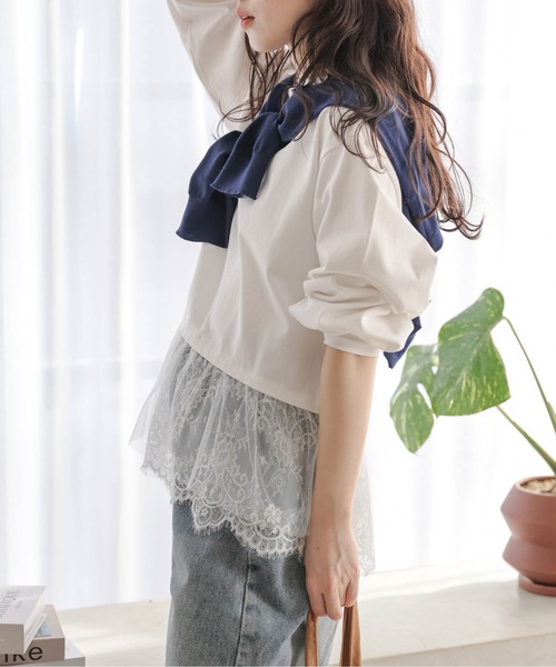 La-gemme(ラジェム)の「裾レーストップス(Tシャツ/カットソー・レディース・ホワイト/ブラック・フリー)」の6枚目の写真