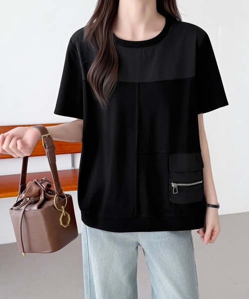 セール】異素材切替ポケットデザインプルオーバー（Tシャツ/カットソー 