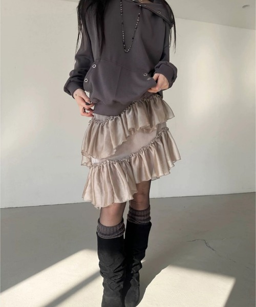 LYEON（リヨン）の「シアーラッフルティアードスカート（スカート・レディース・ブラック/ベージュ/ホワイト・FREE）」の4枚目の写真