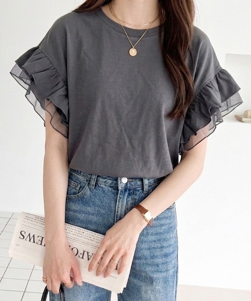 GeeRA(ジーラ)の「【接触冷感・UV対策】綿100%袖シアーフリルゆるTシャツ(Tシャツ/カットソー・レディース・ブラック/オフホワイト/ネイビー/チャコール・MEDIUM/LARGE/X-LARGE)」の3枚目の写真