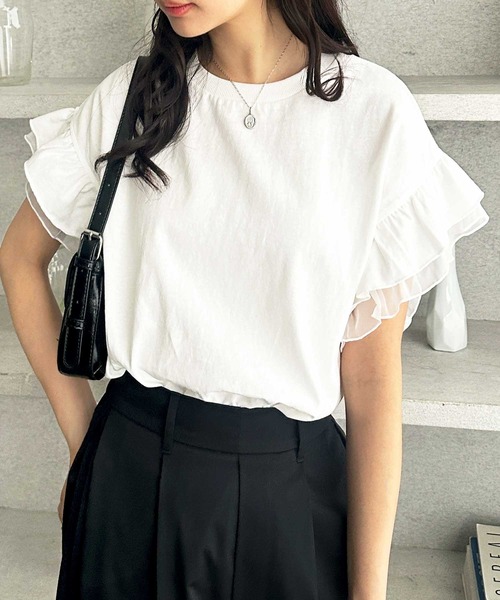 GeeRA(ジーラ)の「接触冷感袖フリルカットソー(Tシャツ/カットソー・レディース・ブラック/オフホワイト・MEDIUM/LARGE/X-LARGE)」の5枚目の写真