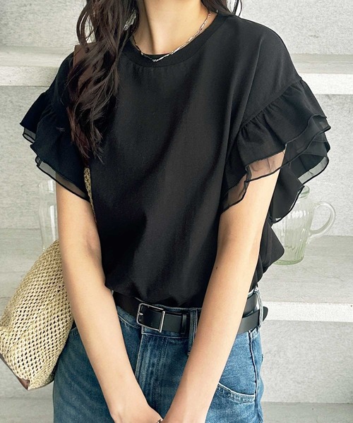 GeeRA(ジーラ)の「接触冷感袖フリルカットソー(Tシャツ/カットソー・レディース・ブラック/オフホワイト・MEDIUM/LARGE/X-LARGE)」の12枚目の写真