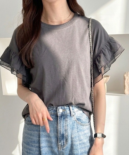 GeeRA(ジーラ)の「【接触冷感・UV対策】綿100%袖シアーフリルゆるTシャツ(Tシャツ/カットソー・レディース・ブラック/オフホワイト/ネイビー/チャコール・MEDIUM/LARGE/X-LARGE)」の21枚目の写真
