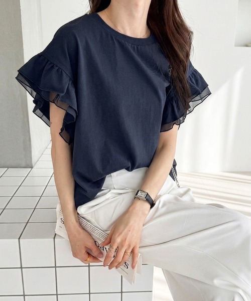 GeeRA(ジーラ)の「【接触冷感・UV対策】綿100%袖シアーフリルゆるTシャツ(Tシャツ/カットソー・レディース・ブラック/オフホワイト/ネイビー/チャコール・MEDIUM/LARGE/X-LARGE)」の20枚目の写真