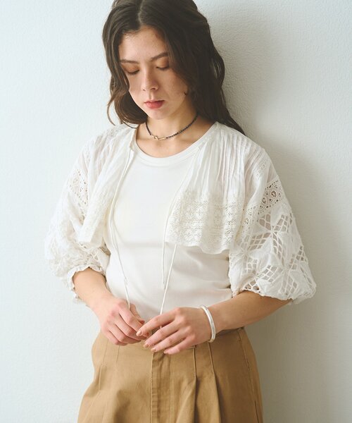 Whim Gazette（ウィムガゼット）の「ボレロブラウス（カーディガン/ボレロ・レディース・チャコールグレー/オフホワイト/ブラック・FREE）」の4枚目の写真