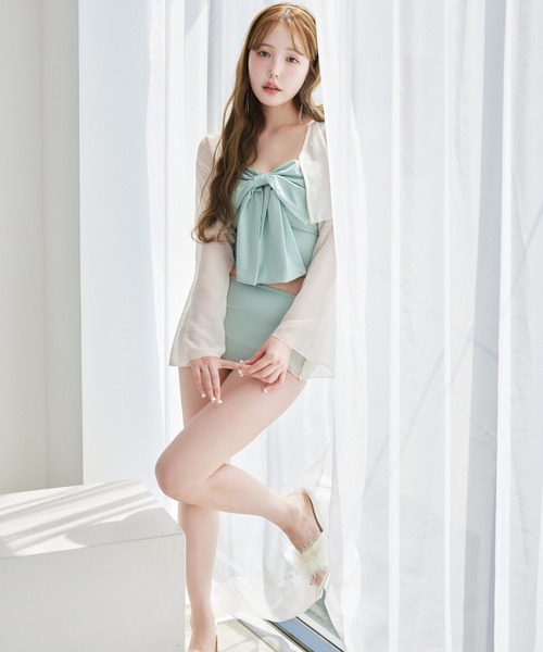 one after another NICE CLAUP（ワンアフターアナザーナイスクラップ）の「swimwear/フロントリボン+シアーカーディガン/4点セット（水着・レディース・ホワイト系/ミント・FREE）」の5枚目の写真