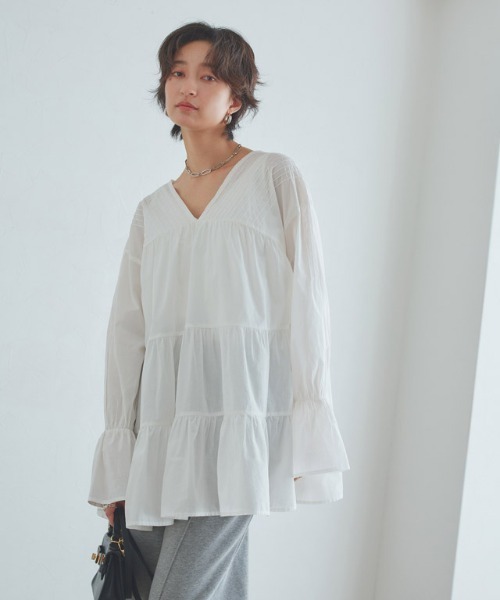 RASW（ラス）の「[RASW]コットンボイルティアードチュニックブラウス（シャツ/ブラウス・レディース・ブラック/オフホワイト・PM/M/L）」の7枚目の写真