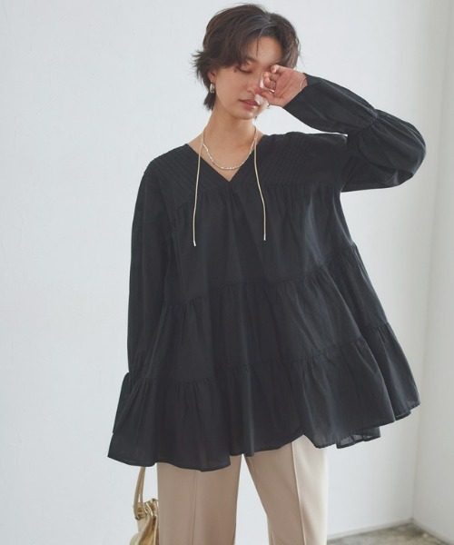 RASW（ラス）の「[RASW]コットンボイルティアードチュニックブラウス（シャツ/ブラウス・レディース・ブラック/オフホワイト・PM/M/L）」の13枚目の写真