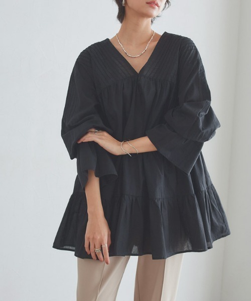 RASW（ラス）の「[RASW]コットンボイルティアードチュニックブラウス（シャツ/ブラウス・レディース・ブラック/オフホワイト・PM/M/L）」の17枚目の写真