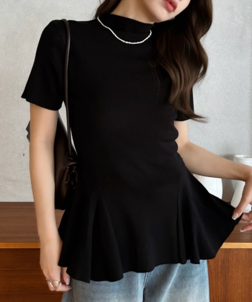 Eclat one(エクラワン)の「【Eclat one】ペプラム デザイン フレアヘム 半袖 ニットTシャツ(Tシャツ/カットソー・レディース・ブラック/アイボリー/グレー・FREE)」の7枚目の写真
