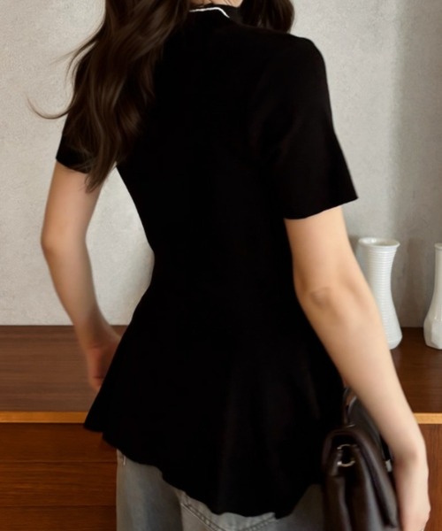 Eclat one(エクラワン)の「【Eclat one】ペプラム デザイン フレアヘム 半袖 ニットTシャツ(Tシャツ/カットソー・レディース・ブラック/アイボリー/グレー・FREE)」の9枚目の写真