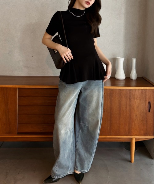 Eclat one(エクラワン)の「【Eclat one】ペプラム デザイン フレアヘム 半袖 ニットTシャツ(Tシャツ/カットソー・レディース・ブラック/アイボリー/グレー・FREE)」の10枚目の写真