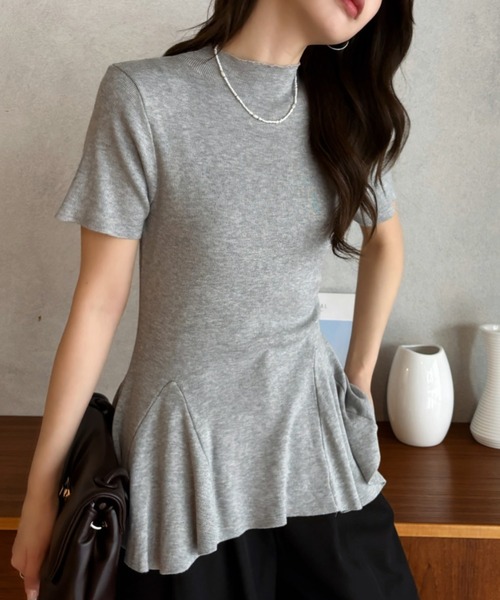 Eclat one(エクラワン)の「【Eclat one】ペプラム デザイン フレアヘム 半袖 ニットTシャツ(Tシャツ/カットソー・レディース・ブラック/アイボリー/グレー・FREE)」の16枚目の写真