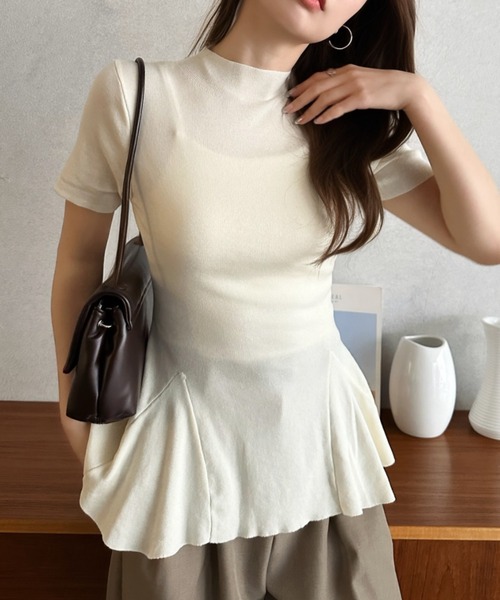 Eclat one(エクラワン)の「【Eclat one】ペプラム デザイン フレアヘム 半袖 ニットTシャツ(Tシャツ/カットソー・レディース・ブラック/アイボリー/グレー・FREE)」の21枚目の写真