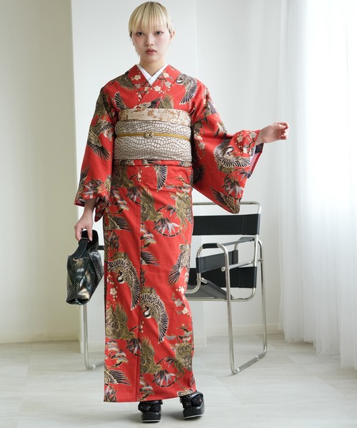 着物 単衣 ニコアンティーク 文学・鶴亀 レッド（着物）｜utatane