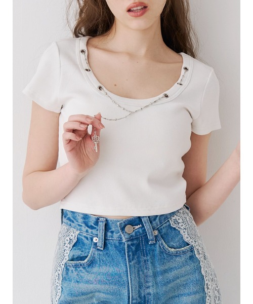 EVRIS(エヴリス)の「ネックレスフレンチスリーブショートトップス(Tシャツ/カットソー・レディース・ブルー/ホワイト/ブラック・FREE)」の1枚目の写真