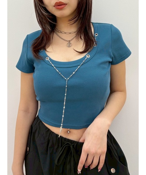 EVRIS(エヴリス)の「ネックレスフレンチスリーブショートトップス(Tシャツ/カットソー・レディース・ブルー/ホワイト/ブラック・FREE)」の3枚目の写真