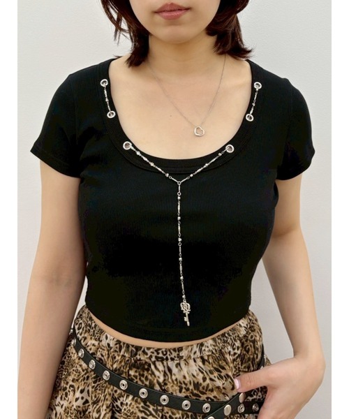 EVRIS(エヴリス)の「ネックレスフレンチスリーブショートトップス(Tシャツ/カットソー・レディース・ブルー/ホワイト/ブラック・FREE)」の2枚目の写真