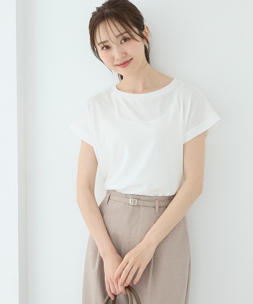 Honeys(ハニーズ)の「【ハニさら・接触冷感・吸水速乾・UVカット・遮熱】フレンチ袖Tシャツ(Tシャツ/カットソー・レディース・ブラック/ベージュ/オフホワイト/キャメル/ネイビー/スミクロ/グリーン/ダークオレンジ・L/LL/S/M)」の15枚目の写真