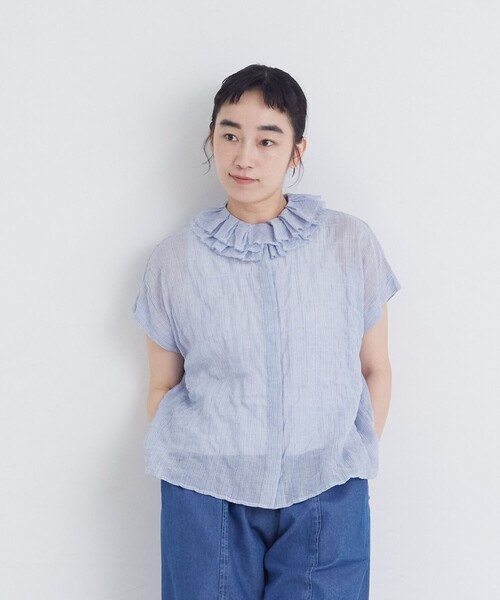 conges payes ADIEU TRISTESSE(コンジェ ペイエ アデュートリステス)の「シャーリングワイドシルエットフリルカラーブラウス(シャツ/ブラウス・レディース・パープル/ブラック系その他/ブルー系その他・38)」の7枚目の写真