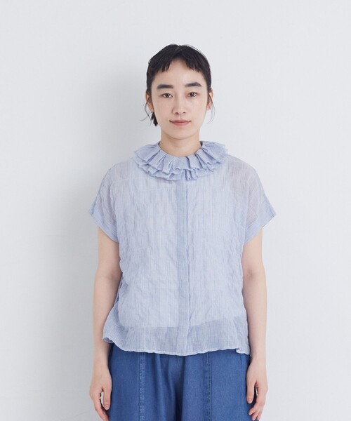 conges payes ADIEU TRISTESSE(コンジェ ペイエ アデュートリステス)の「シャーリングワイドシルエットフリルカラーブラウス(シャツ/ブラウス・レディース・パープル/ブラック系その他/ブルー系その他・38)」の8枚目の写真