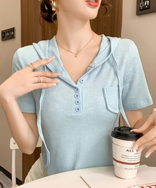 2ly2(トゥーリートゥー)の「ワッフルリブ フード付き ヘンリーネック 半袖カットソー リブトップス コンパクトTシャツ(ニット/セーター・レディース・ホワイト/ブルー・FREE)」の12枚目の写真