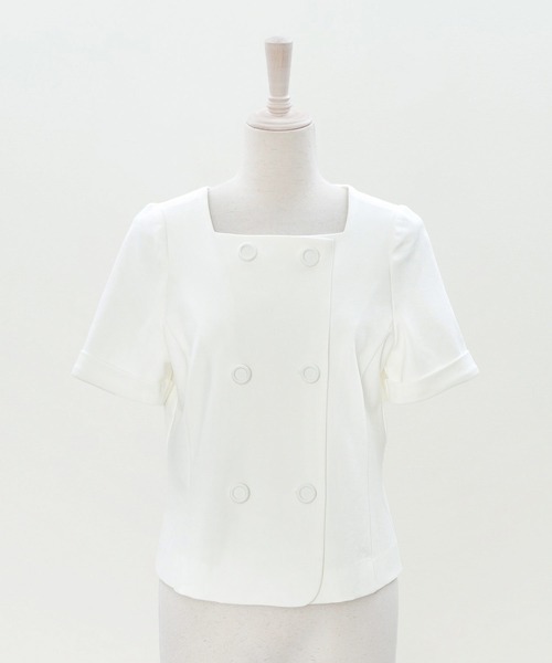 &BLOOM(アンドブルーム)の「ダブルボタン クラシカル トップス &BLOOM(アンドブルーム)(Tシャツ/カットソー・レディース・ブラック/ホワイト・L/M)」の1枚目の写真