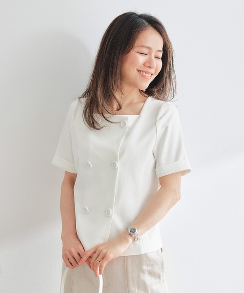 &BLOOM(アンドブルーム)の「ダブルボタン クラシカル トップス &BLOOM(アンドブルーム)(Tシャツ/カットソー・レディース・ブラック/ホワイト・L/M)」の3枚目の写真