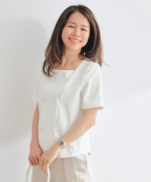 &BLOOM(アンドブルーム)の「ダブルボタン クラシカル トップス &BLOOM(アンドブルーム)(Tシャツ/カットソー・レディース・ブラック/ホワイト・L/M)」の4枚目の写真