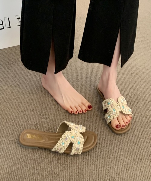 Lace Ladies(レースレディース)の「パール Hモチーフ オープントゥ フラット サンダル(サンダル・レディース・ブラック/アイボリー/ブラウン・22.5cm/23cm/23.5cm/24cm/24.5cm/25cm)」の11枚目の写真