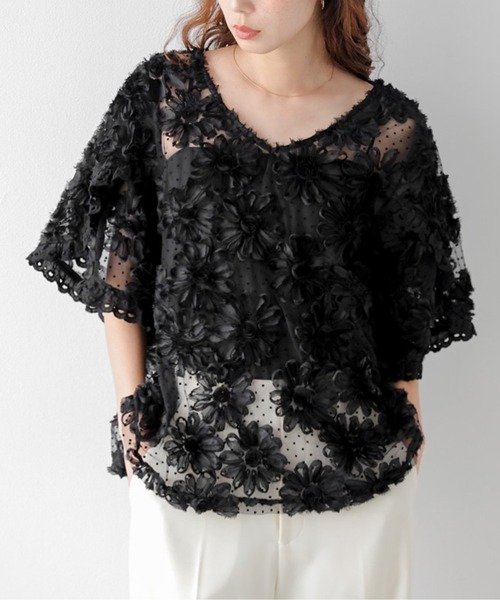 AMELY(エミリー)の「フラワーレース×ドット シアーブラウス(シャツ/ブラウス・レディース・ブラック/アイボリー・フリー)」の15枚目の写真