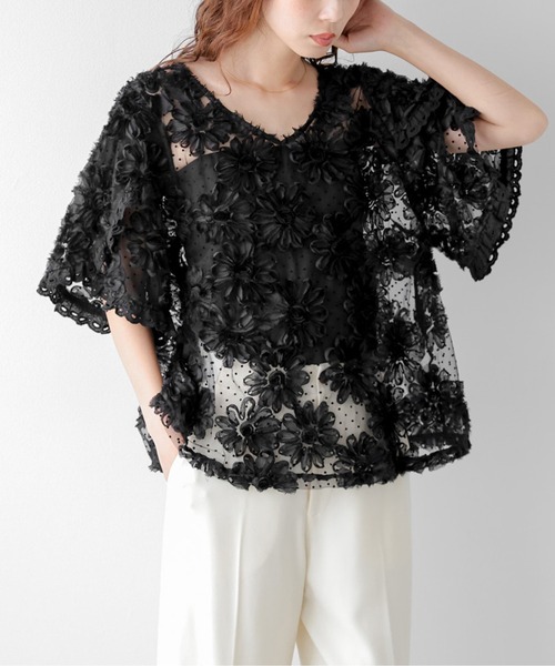 AMELY(エミリー)の「フラワーレース×ドット シアーブラウス(シャツ/ブラウス・レディース・ブラック/アイボリー・フリー)」の16枚目の写真